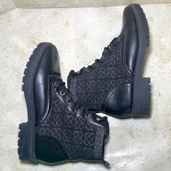 Black Combat Boots Size 8 Lug Sole  Leather & Glitter Fabric Blend Everyday Wear - Picture 5 of 8